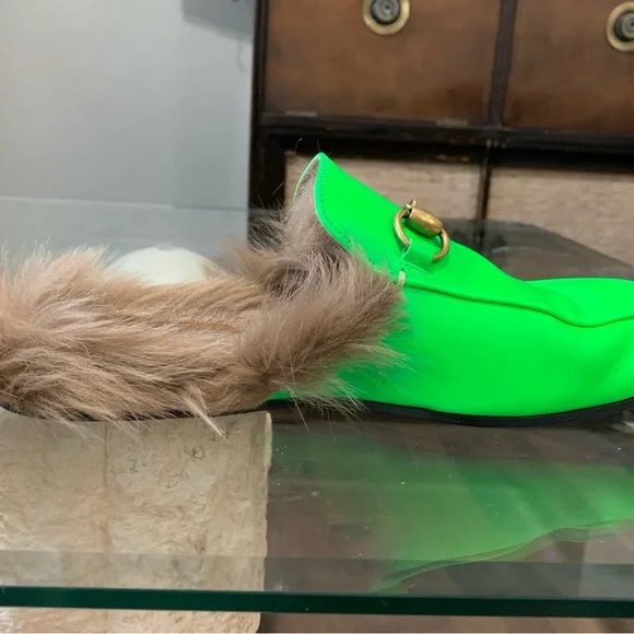 Neon green fur lined Gucci slip ons - Picture 6 of 10